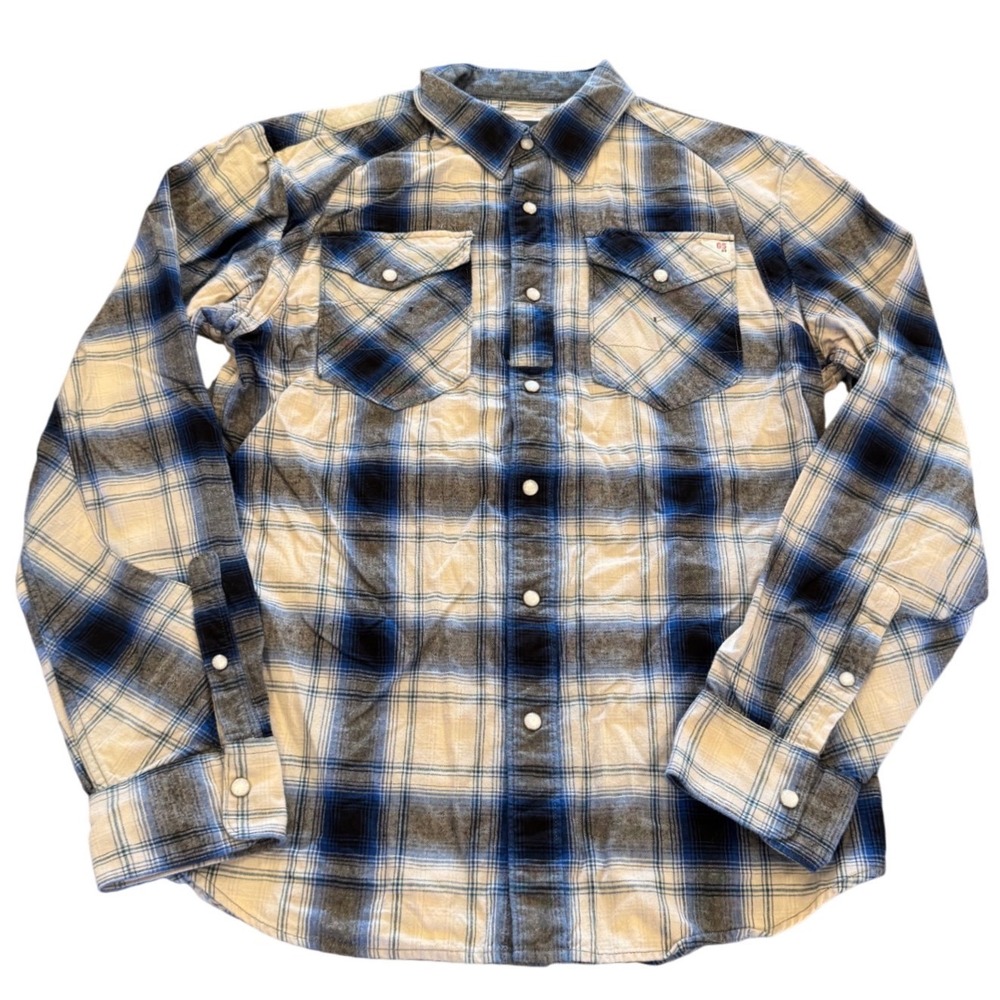 G-Star Raw Mens XL Blue Plaid Graphic Back Snap Button Flannel Shirt R3301 DNM